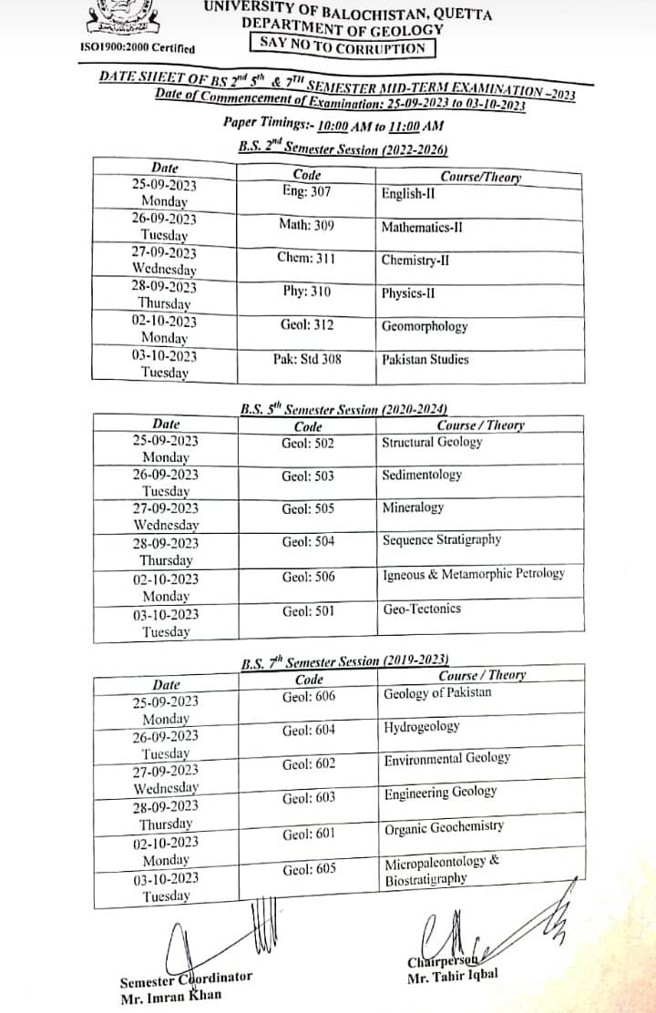 UOB Examination Notifications